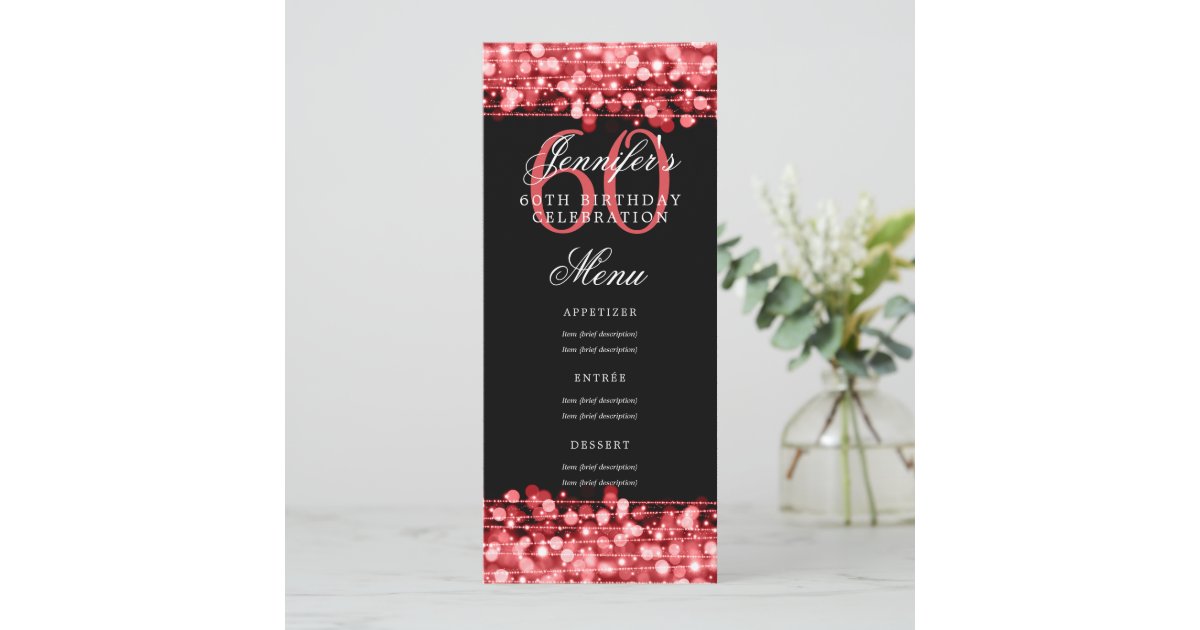 Elegant 60th Birthday Party Menu Red Lights Invitation | Zazzle
