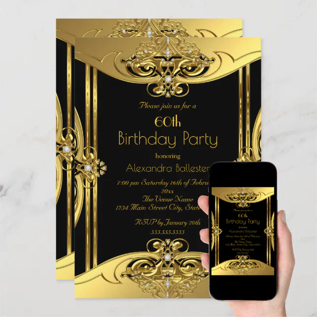 Elegant 60th Birthday Party Photo Gold Black Invitation | Zazzle