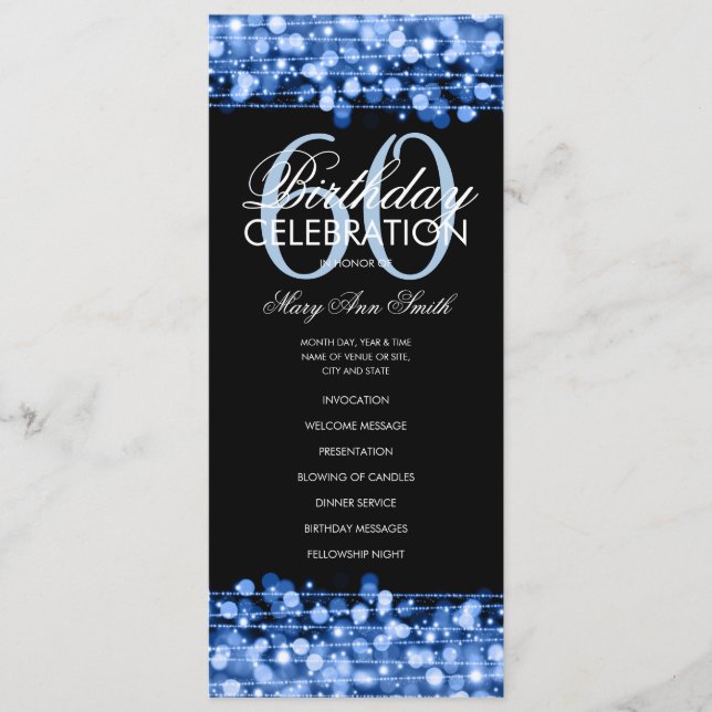Elegant 60th Birthday Party Program Blue w/ Menu (Front)