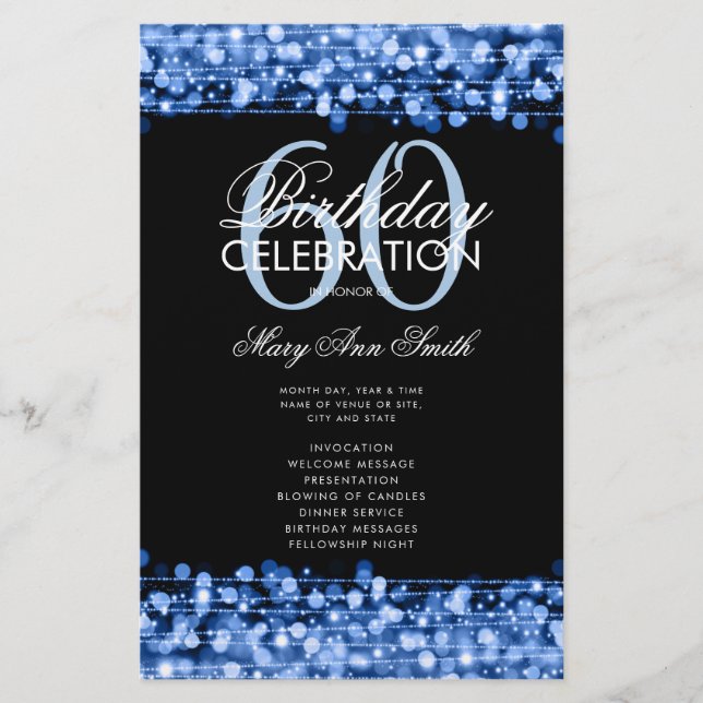 Elegant 60th Birthday Party Program Blue w/ Menu Flyer (Front)