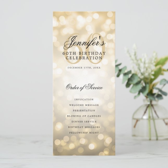 Elegant 60th Birthday Party Program Gold Bokeh (Standing Front)