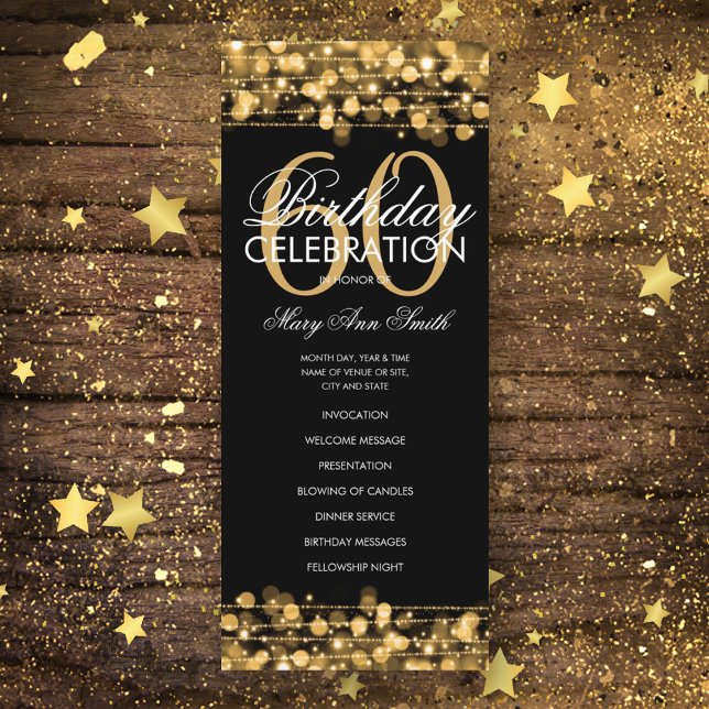 Elegant 60th Birthday Party Program Gold w/ Menu (Creator Uploaded)