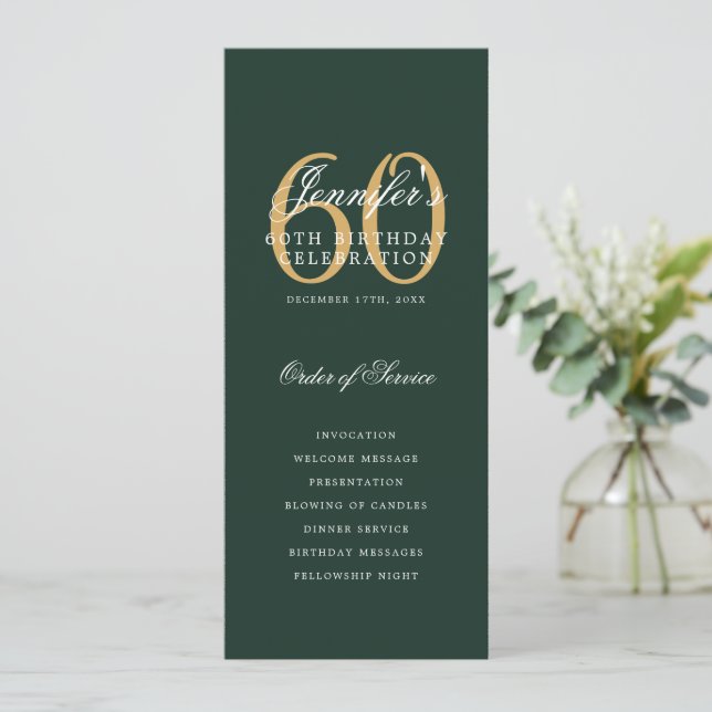 Elegant 60th Birthday Party Program Green Gold  (Standing Front)