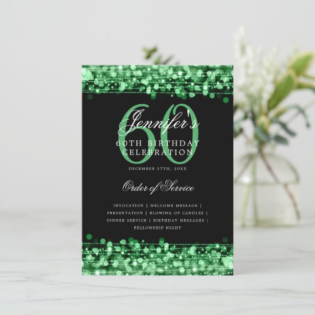 Elegant 60th Birthday Party Program Green Menu (Standing Front)