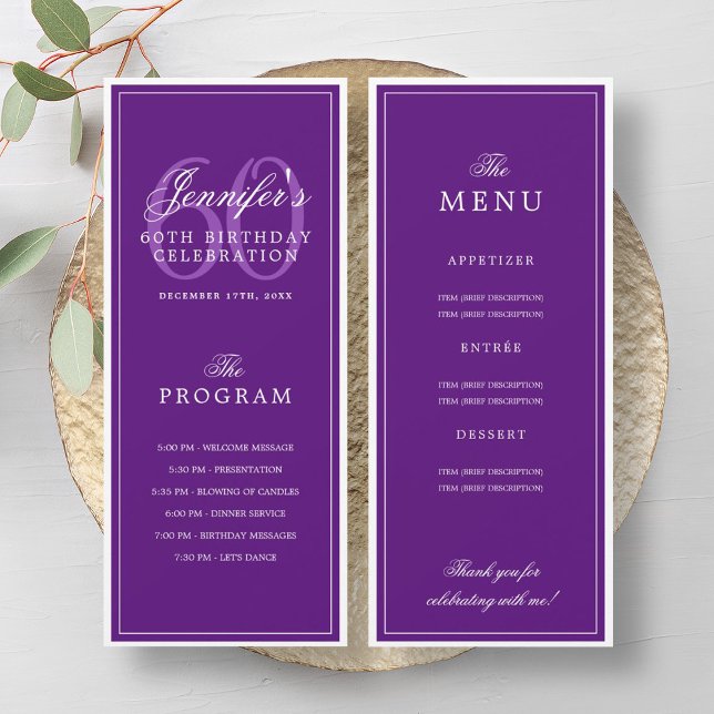 Elegant 60th Birthday Party Program Menu Purple  (Elegant 60th Birthday Party Program Menu Purple )