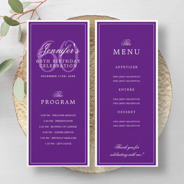 Elegant 60th Birthday Party Program Menu Purple | Zazzle