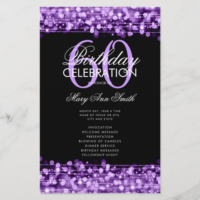 Elegant 60th Birthday Party Program Purple w/ Menu Flyer (Front)