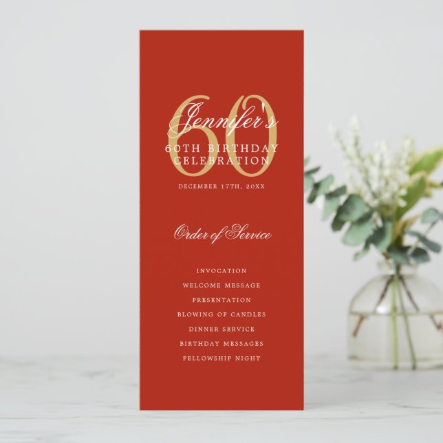 Elegant 60th Birthday Party Program Red Gold  (Standing Front)