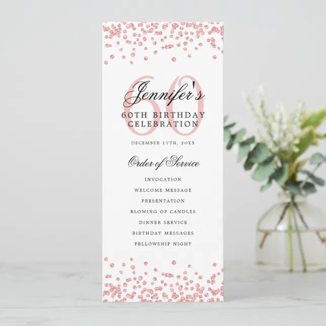 Elegant 60th Birthday Party Program Rose Gold Menu | Zazzle