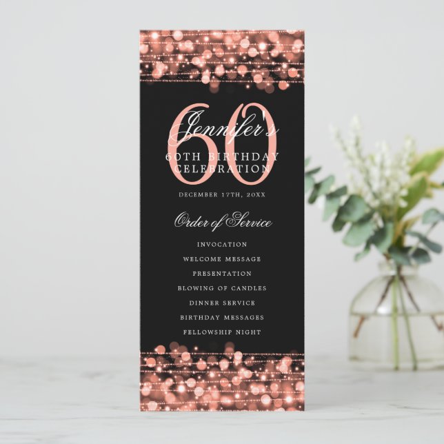 Elegant 60th Birthday Party Program Rose Gold Menu (Standing Front)