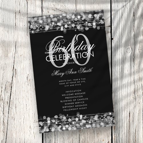 Elegant 60th Birthday Party Program Silver w Menu Flyer