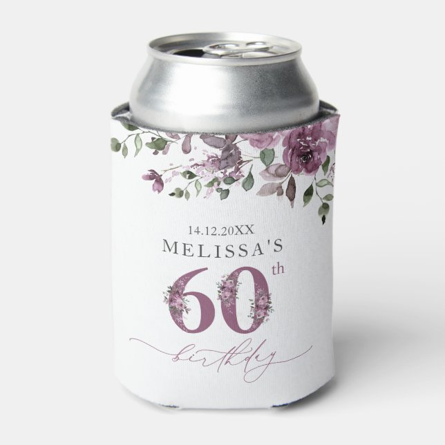Elegant 60th Birthday Party Purple Roses Can Cooler (Can Front)