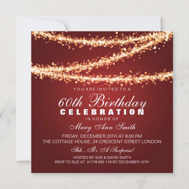 Elegant 60th Birthday Party Red String Lights Invitation (Front)