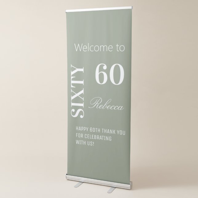 Elegant 60th Birthday Party Sage & White Backdrop  Retractable Banner (3/4)