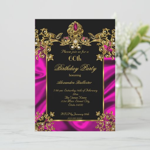 Elegant 60th Birthday Party Silk Rich Pink Gold Invitation | Zazzle