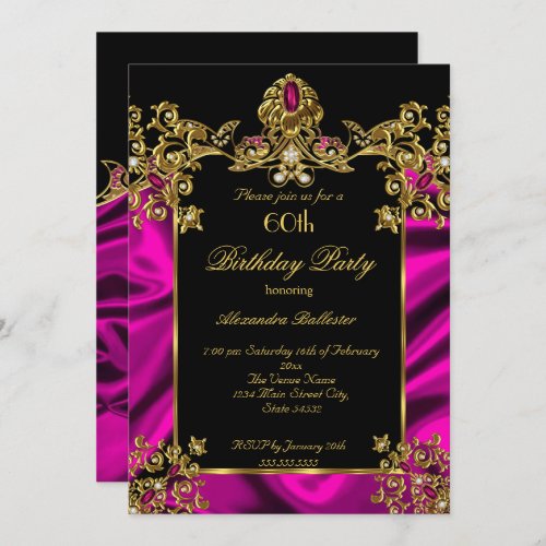 Elegant 60th Birthday Party Silk Rich Pink Gold Invitation