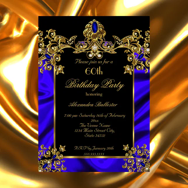 Elegant 60th Birthday Party Silk Ruby Blue Gold Invitation Zazzle