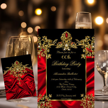 Elegant 60th Birthday Party Silk Ruby Red Gold 2 Invitation by Zizzago at Zazzle
