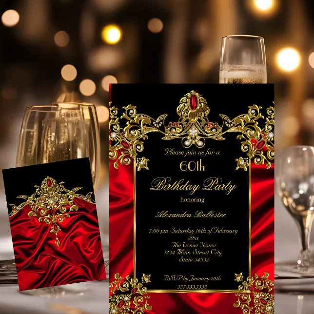 Elegant 60th Birthday Party Silk Ruby Red Gold 2 Invitation Zazzle