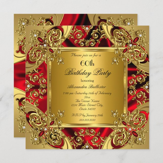 Elegant 60th Birthday Party Silk Ruby Red Gold Invitation (Front/Back)