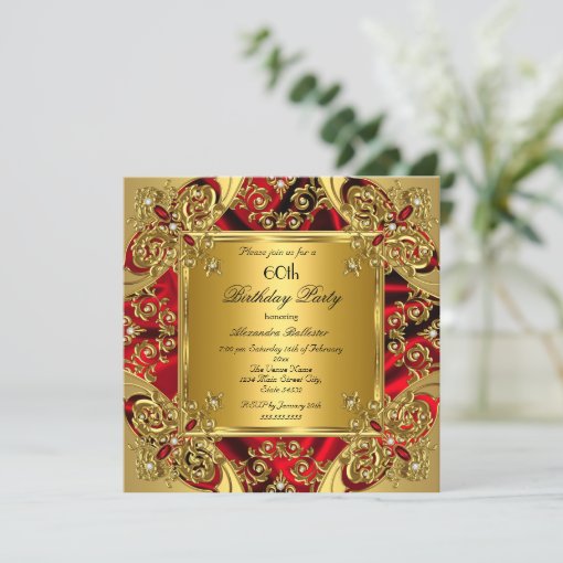 Elegant 60th Birthday Party Silk Ruby Red Gold Invitation | Zazzle