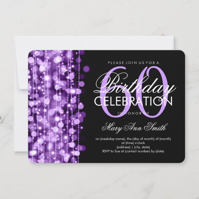 Elegant 60th Birthday Party Sparkles Purple Invitation (Front)