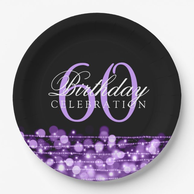 Elegant 60th Birthday Party Sparkles Purple Paper Plates (Front)