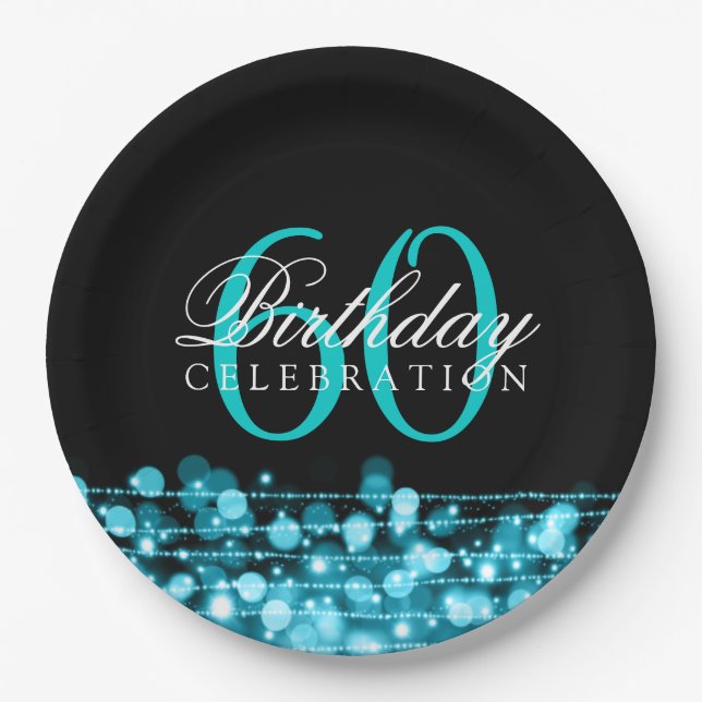 Elegant 60th Birthday Party Sparkles Turquoise Paper Plates (Front)