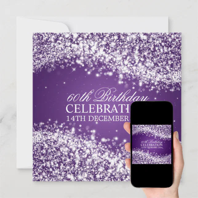 Elegant 60th Birthday Party Sparkling Wave Purple Invitation | Zazzle