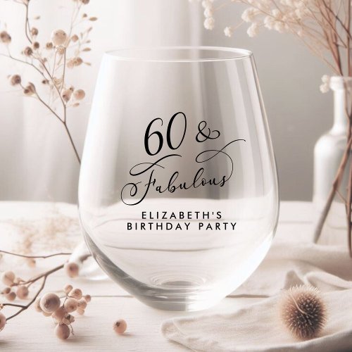 Elegant 60th Birthday Party Stemless Wine Glass