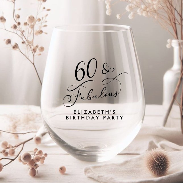 Elegant 60th Birthday Party Stemless Wine Glass (Creator Uploaded)