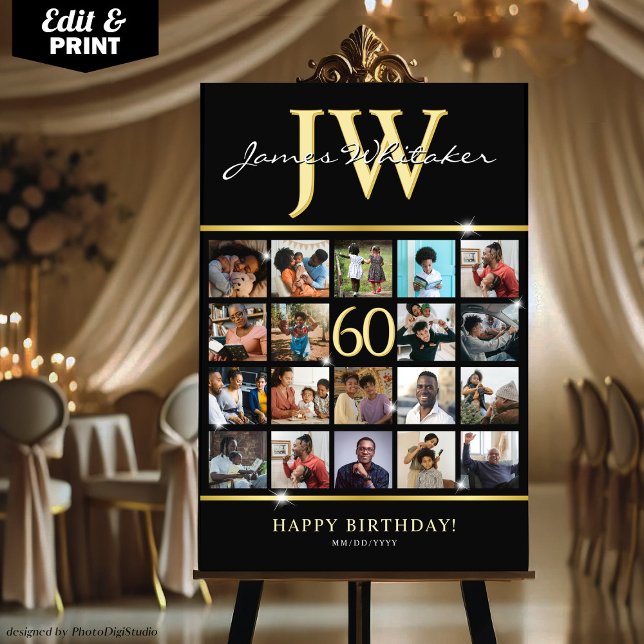 Elegant 60th Birthday Photo Collage with Initials  Foam Board (Elegant 60th Birthday Photo Collage with Initials Foam Board)