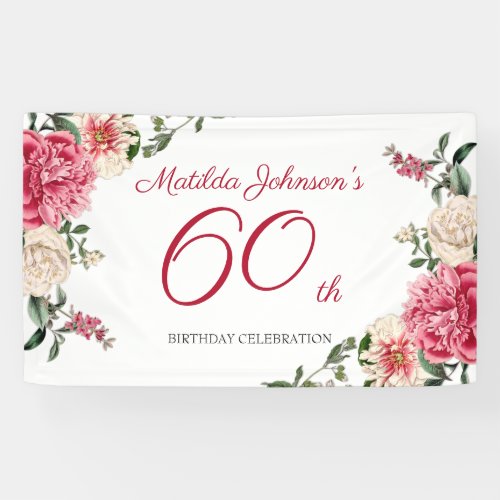 Elegant 60th Birthday Pink White Floral Botanical  Banner