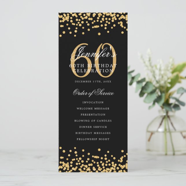 Elegant 60th Birthday Program Gold Black Confetti (Standing Front)