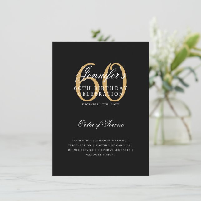Elegant 60th Birthday Program Gold Black w/ Menu (Standing Front)