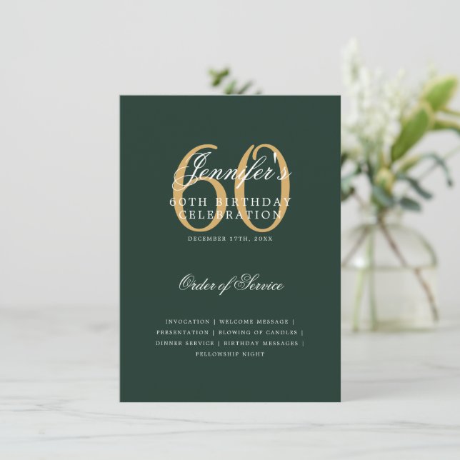 Elegant 60th Birthday Program Gold Green Menu (Standing Front)
