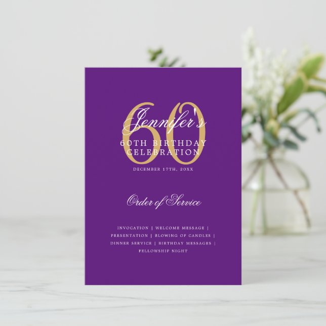 Elegant 60th Birthday Program Gold Purple Menu (Standing Front)