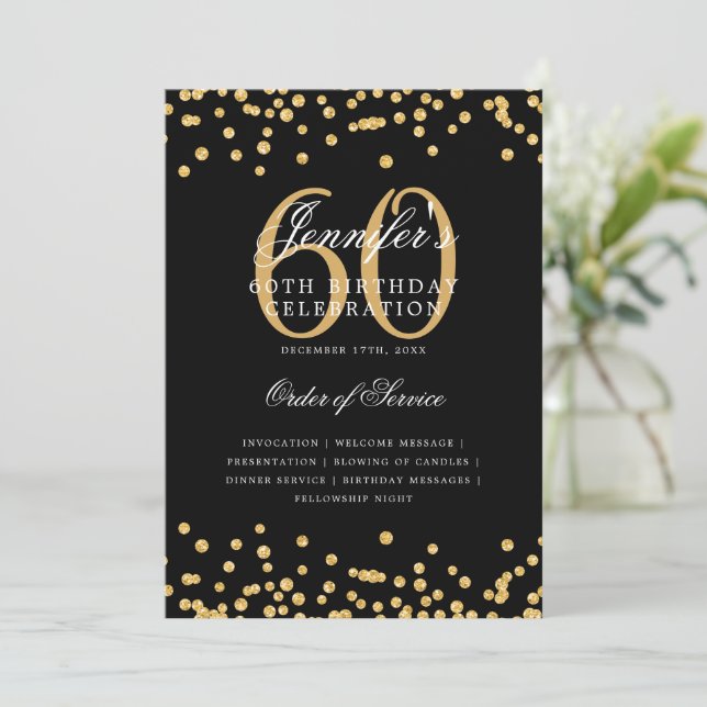 Elegant 60th Birthday Program Menu Gold Black (Standing Front)