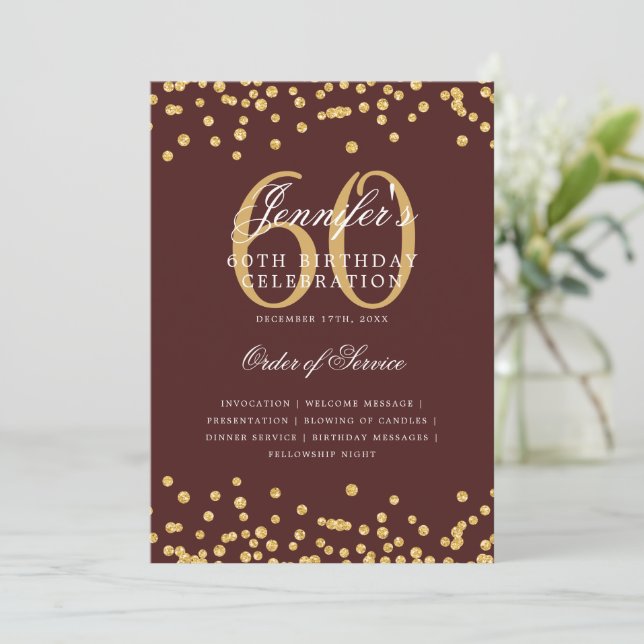 Elegant 60th Birthday Program Menu Gold Burgundy  (Standing Front)