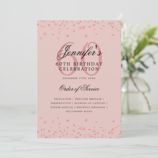 Elegant 60th Birthday Program Menu Rose Gold Blush (Standing Front)