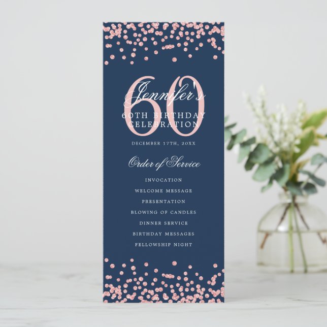 Elegant 60th Birthday Program Rose Gold Navy Blue  (Standing Front)