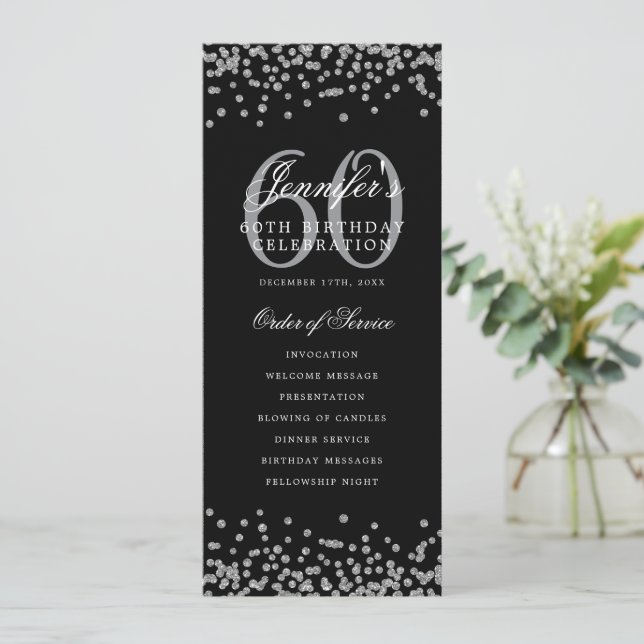 Elegant 60th Birthday Program Silver Confetti Menu (Standing Front)