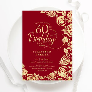 Elegant 60th Birthday Red Gold Roses Invitation