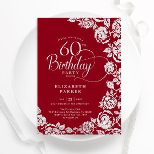 Elegant 60th Birthday Red Silver Roses Invitation