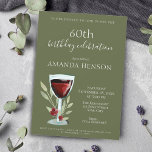 Elegant 60th Birthday Red Wine Surprise Party Invitation<br><div class="desc">Elegant 60th Birthday Red Wine Surprise Birthday Party Invitation. 60th birthday party invitation for her or him. Invitation with a red wine glass, roses and twigs on olive green background. The text is fully customizable - personalize it with your name, any age - 30th 40th 50th 70th 80th 90th 100th,...</div>