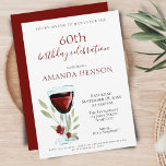 Elegant 60th Birthday Red Wine Surprise Party Invitation<br><div class="desc">Elegant 60th Birthday Red Wine Surprise Birthday Party Invitation. 60th birthday party invitation for her or him. Invitation with a red wine glass, roses and twigs on a white background. The text is fully customizable - personalize it with your name, any age - 30th 40th 50th 70th 80th 90th 100th,...</div>
