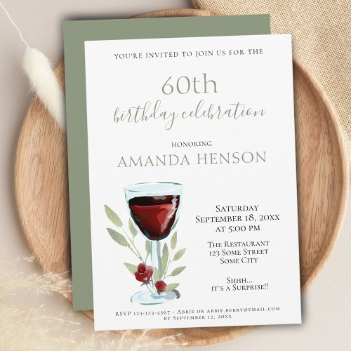 Elegant 60th Birthday Red Wine Surprise Party Invitation