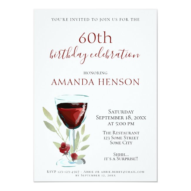 Elegant 60th Birthday Red Wine Surprise Party Invitation