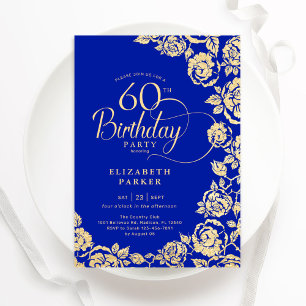 Elegant 60th Birthday Royal Blue Gold Roses Invitation