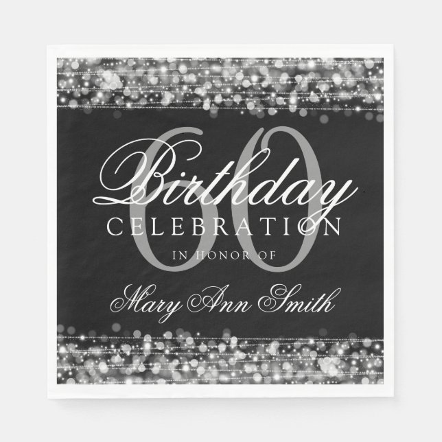 Elegant 60th Birthday Silver Bokeh Sparkle Lights Napkins (Front)